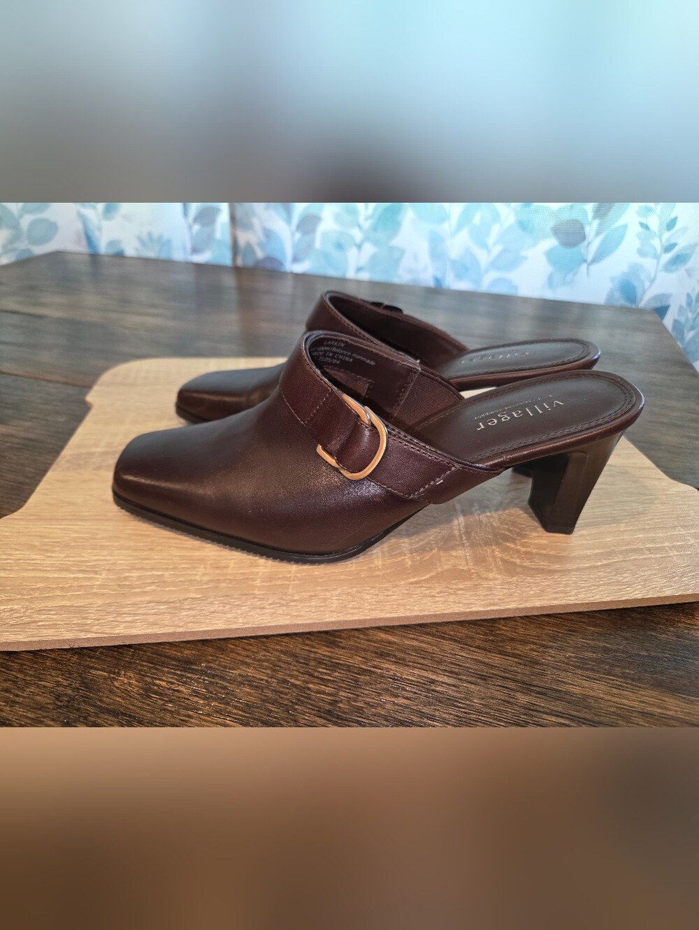 Liz Claiborne Dark Brown Leather Mule with Gold Buckle